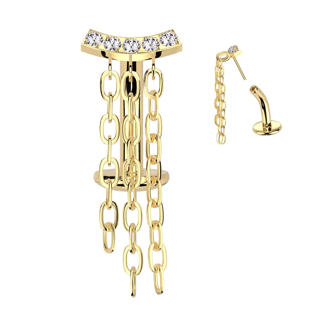 TITANIUM  GOLD CRYSTAL LINED FLOATING BELLY BAR WITH DANGLY CHAIN CHARMS - 14 GAUGE - 8MM