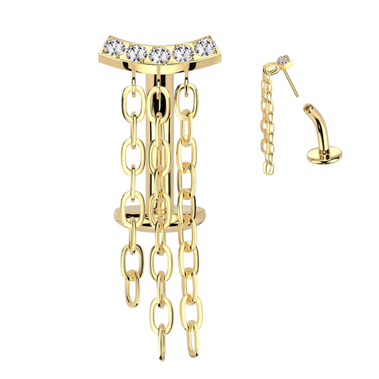 TITANIUM  GOLD CRYSTAL LINED FLOATING BELLY BAR WITH DANGLY CHAIN CHARMS - 14 GAUGE - 8MM