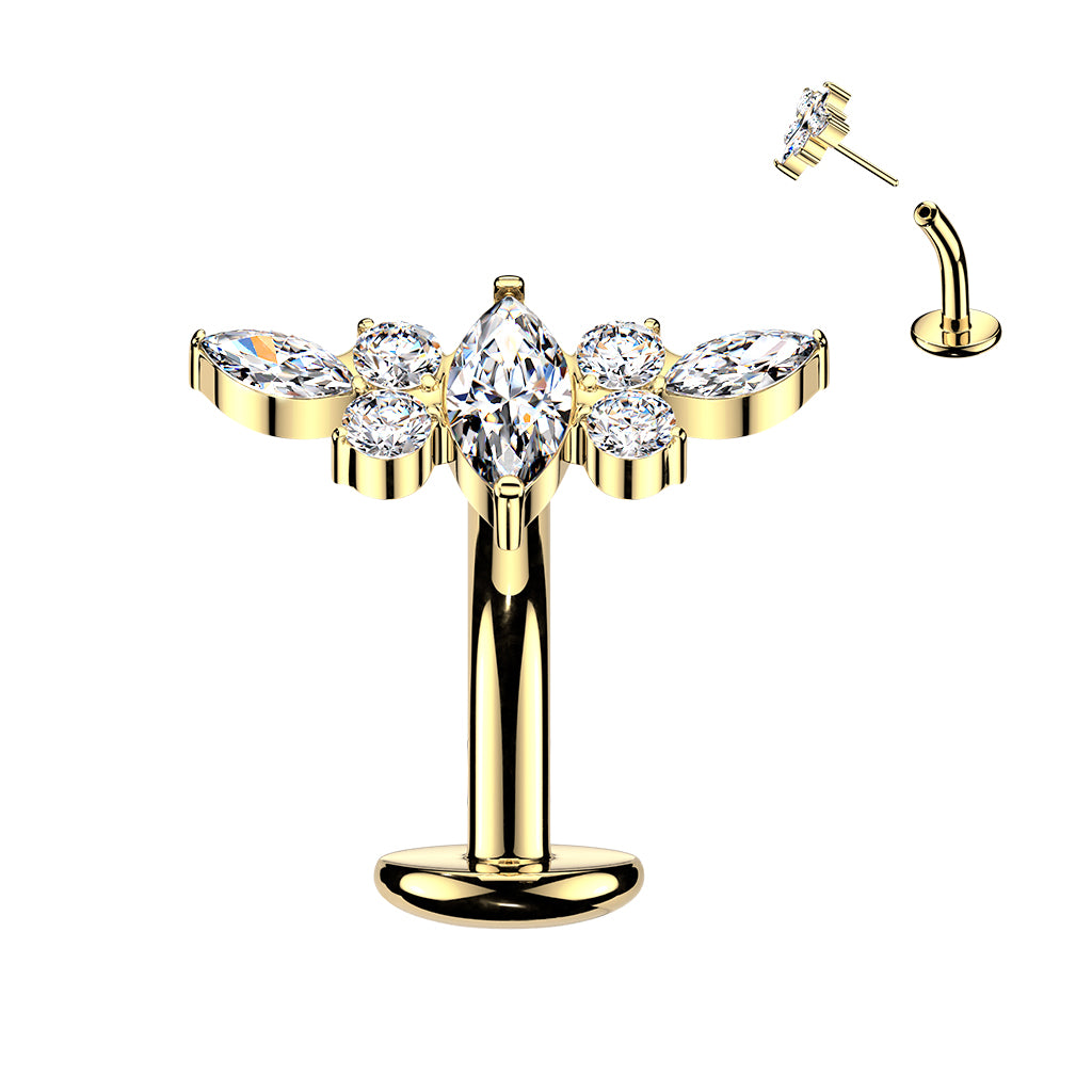 TITANIUM GOLD MARQUISE CRYSTAL CLUSTER FLOATING FLAT DISK BELLY BAR - 14 GAUGE - 8MM