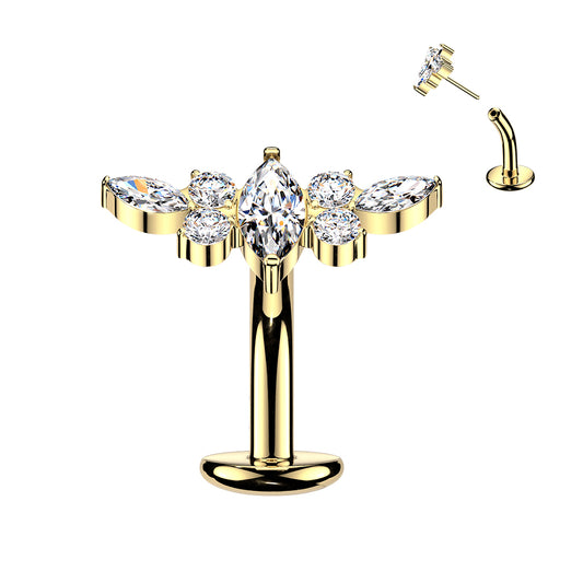 TITANIUM GOLD MARQUISE CRYSTAL CLUSTER FLOATING FLAT DISK BELLY BAR - 14 GAUGE - 8MM