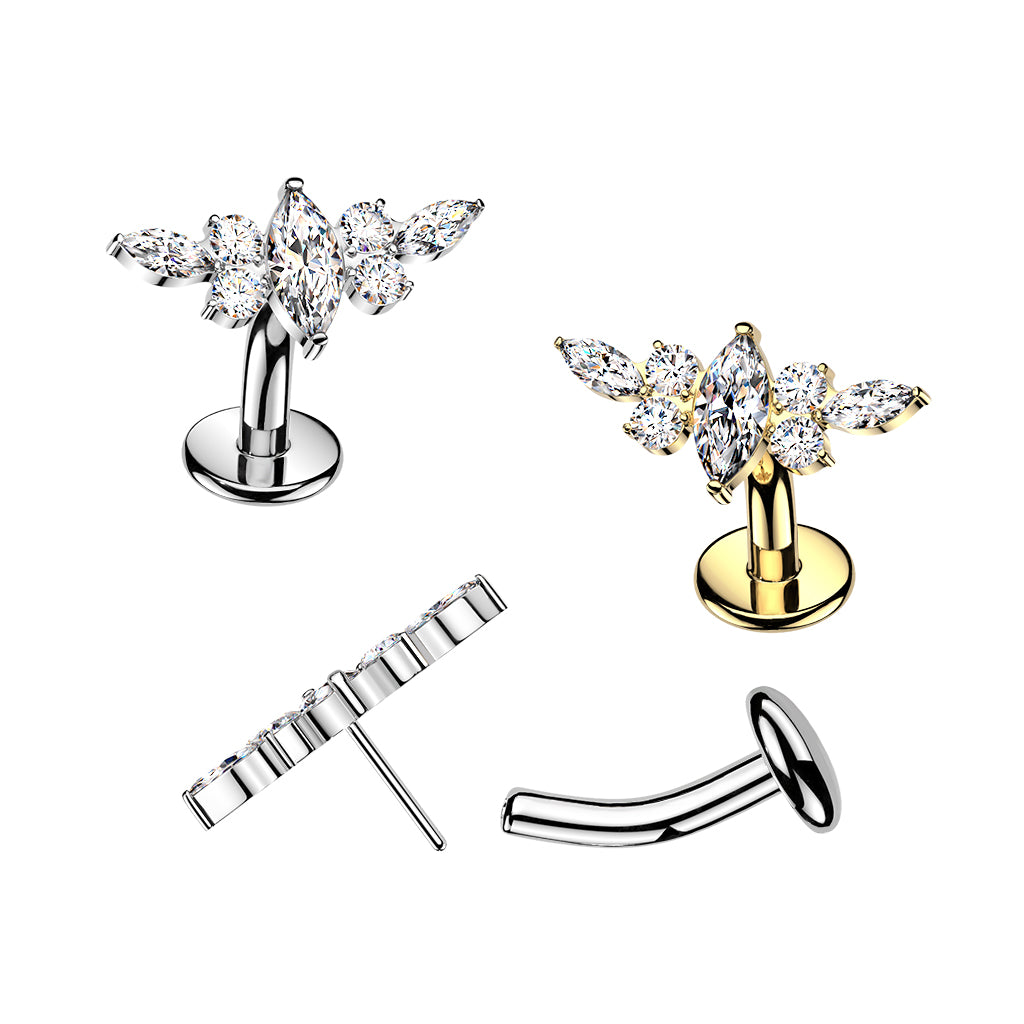TITANIUM MARQUISE CRYSTAL CLUSTER FLOATING FLAT DISK BELLY BAR - 14 GAUGE - 8MM