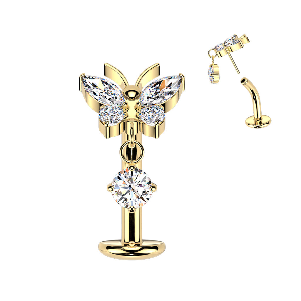 TITANIUM GOLD CRYSTAL BUTTERFLY FLOATING THREADLESS FLAT DISK BELLY BAR - 14 GAUGE - 10MM
