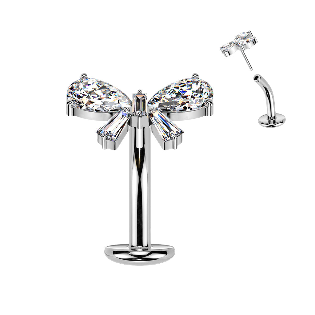 TITANIUM SILVER CRYSTAL BOW  FLOATING THREADLESS FLAT DISK BELLY BAR - 14 GAUGE - 10MM