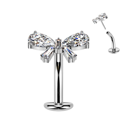 TITANIUM SILVER CRYSTAL BOW  FLOATING THREADLESS FLAT DISK BELLY BAR - 14 GAUGE - 10MM