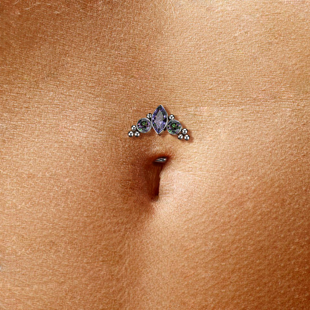 TITANIUM VITRAIL RAINBOW CRYSTAL FLOATING BELLY BAR - 14 GAUGE -8MM