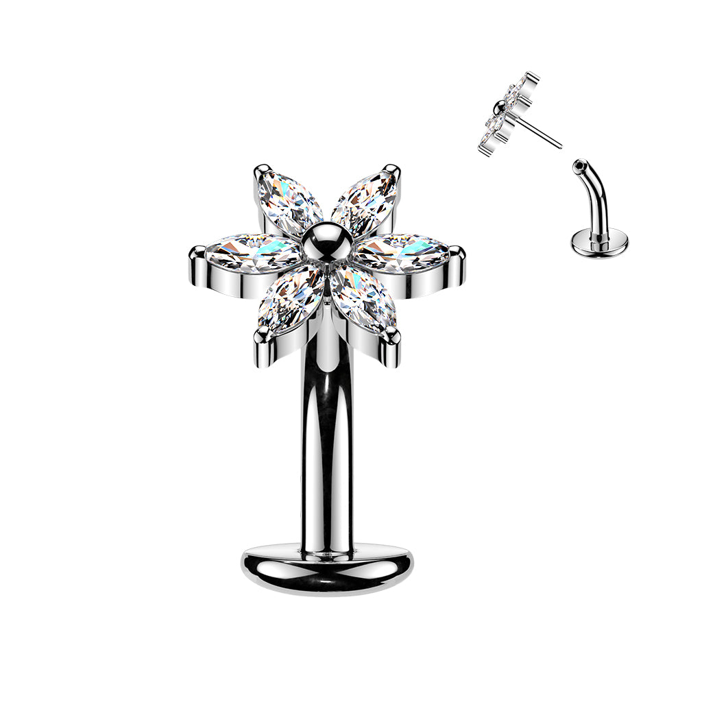 TITANIUM SILVER CRYSTAL FLOWER FLOATING BELLY BAR - THREADLESS 14 GAUGE - 8MM