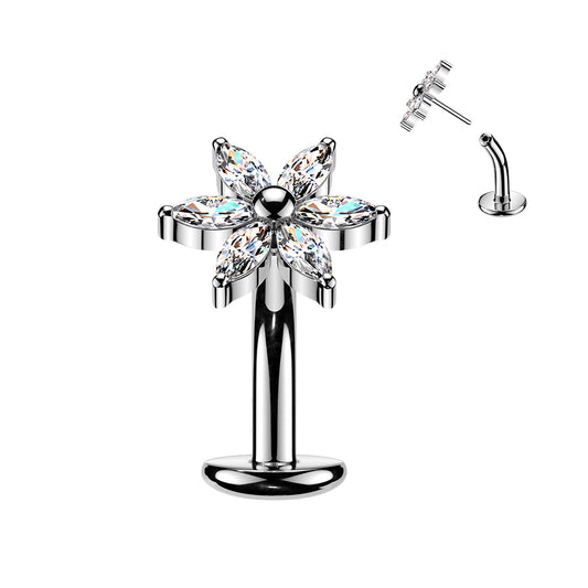 TITANIUM SILVER CRYSTAL FLOWER FLOATING BELLY BAR - THREADLESS 14 GAUGE - 8MM