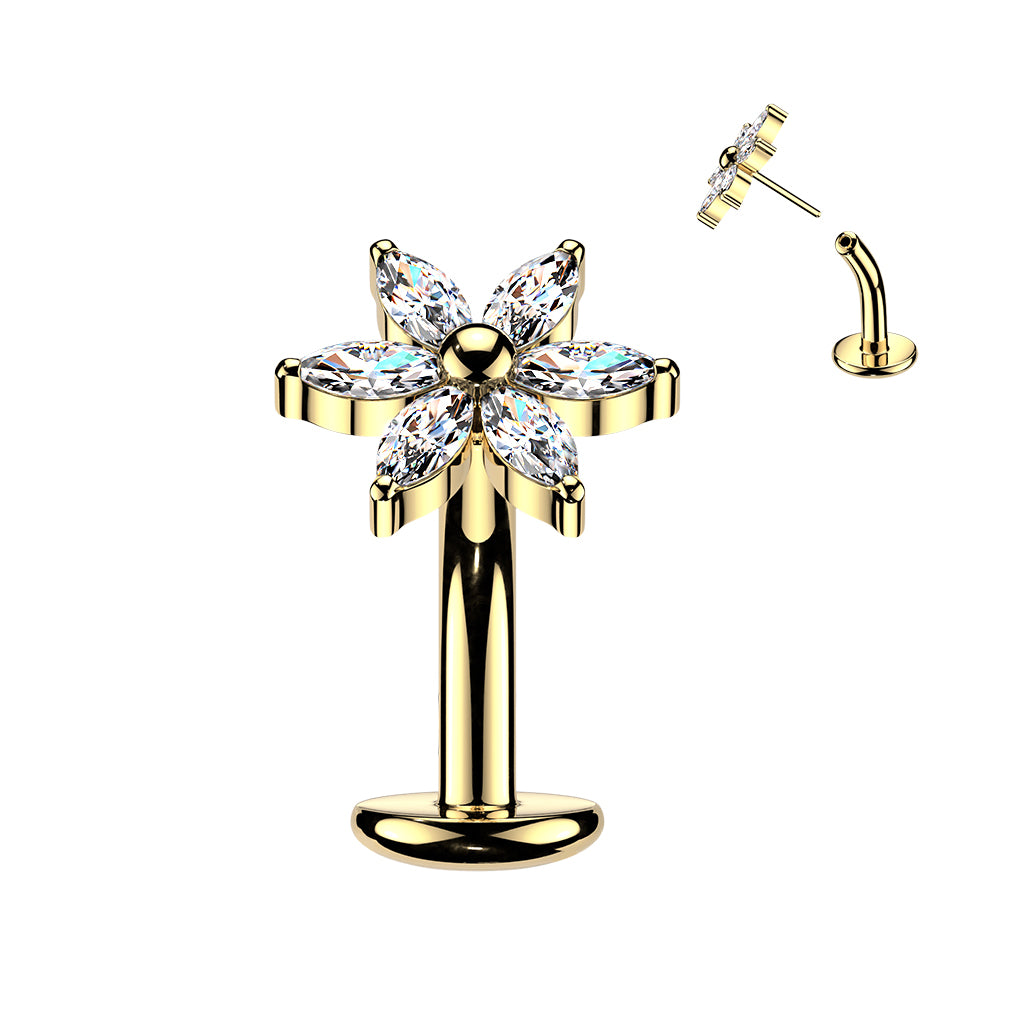 TITANIUM GOLD CRYSTAL FLOWER FLOATING BELLY BAR - THREADLESS 14 GAUGE - 8MM