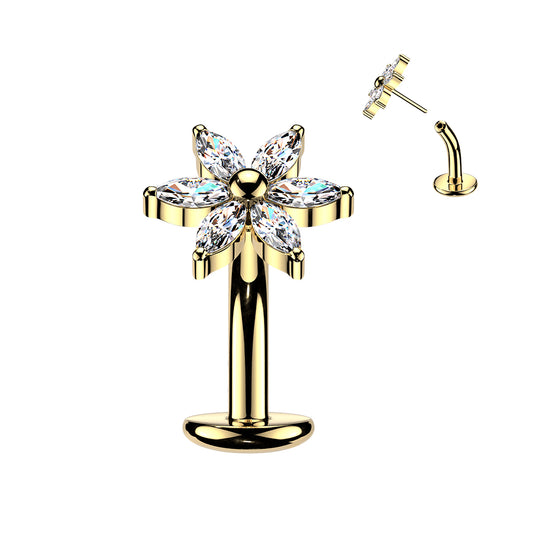 TITANIUM GOLD CRYSTAL FLOWER FLOATING BELLY BAR - THREADLESS 14 GAUGE - 8MM