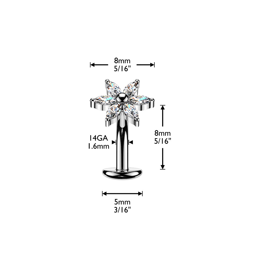 TITANIUM SILVER CRYSTAL FLOWER FLOATING BELLY BAR - THREADLESS 14 GAUGE - 8MM