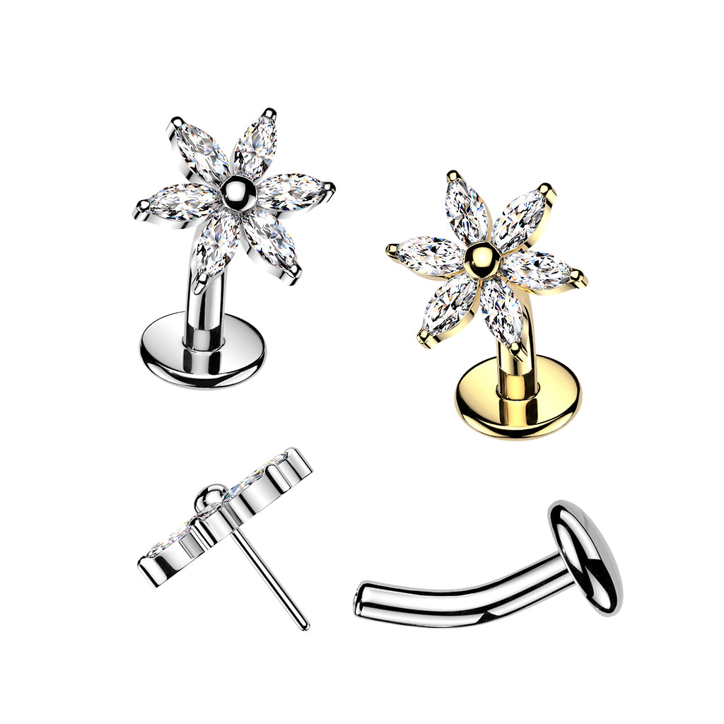 TITANIUM SILVER CRYSTAL FLOWER FLOATING BELLY BAR - THREADLESS 14 GAUGE - 8MM