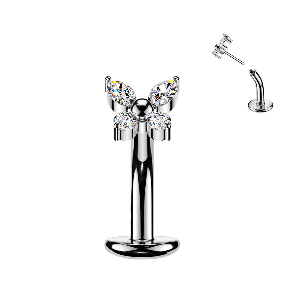 TITANIUM SILVER CRYSTAL BABY BUTTERFLY FLOATING BELLY BAR - THREADLESS 14 GAUGE - 8MM