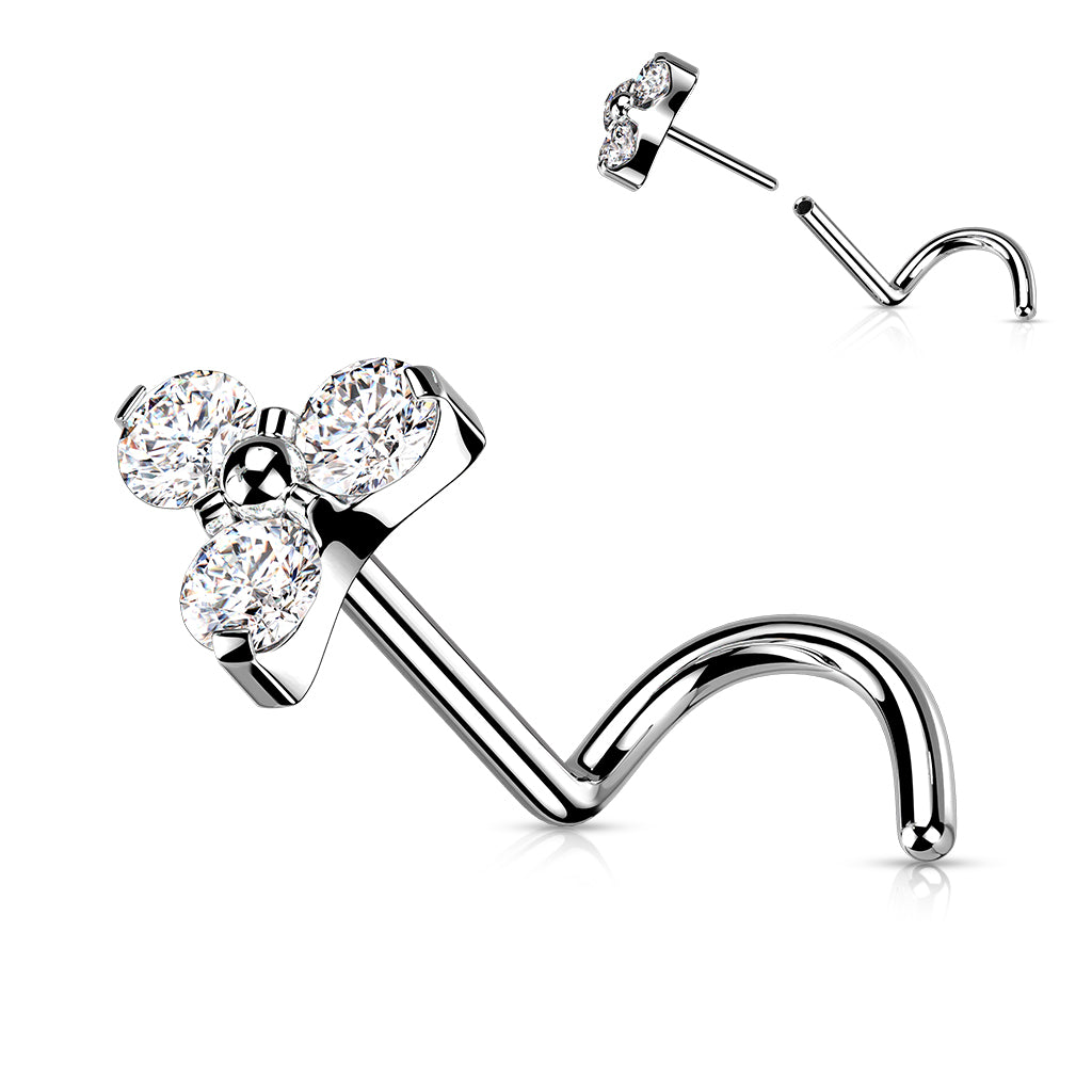 TITANIUM TRIPLE CRYSTAL CORKSCREW NOSE STUD - 20 GAUGE - 6MM