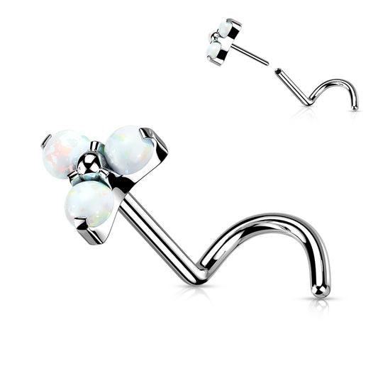 TITANIUM TRIPLE OPAL CORKSCREW NOSE STUD - 20 GAUGE - 6MM