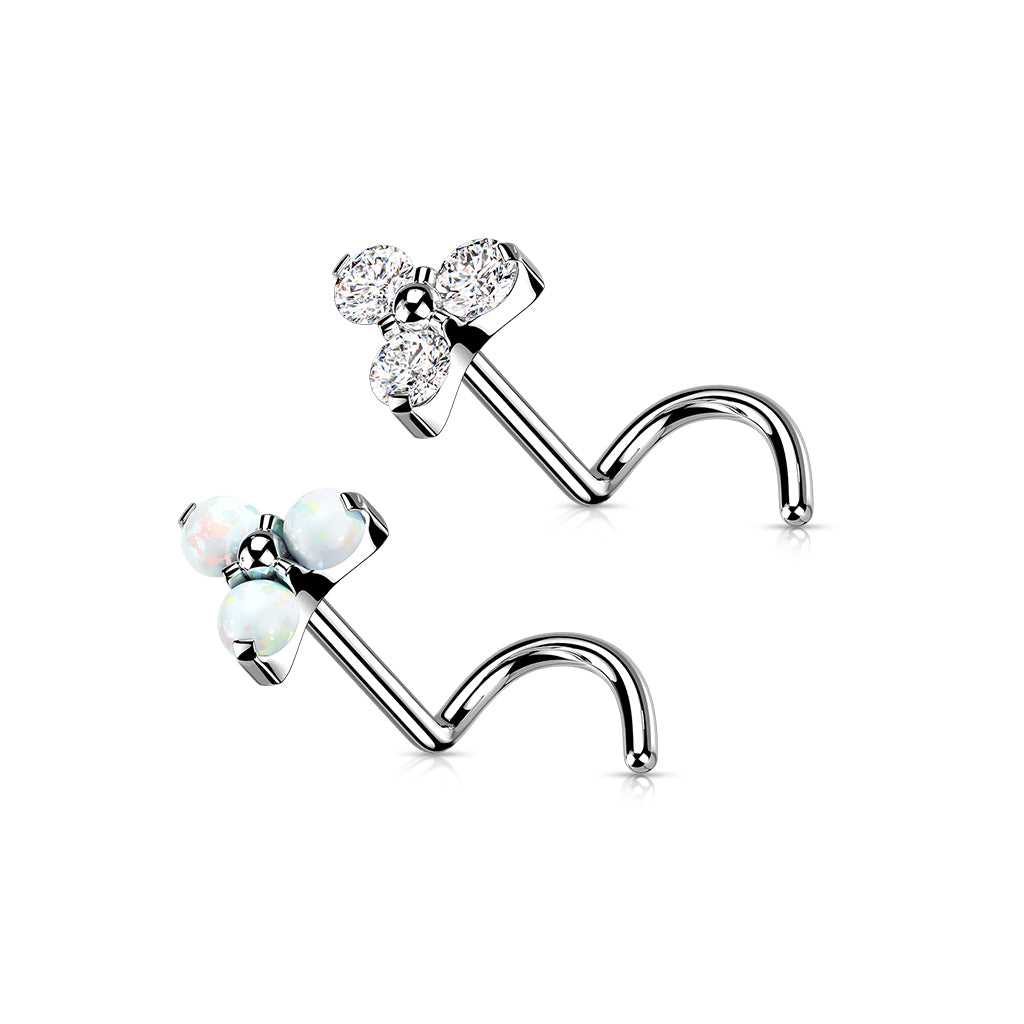 TITANIUM TRIPLE OPAL CORKSCREW NOSE STUD - 20 GAUGE - 6MM