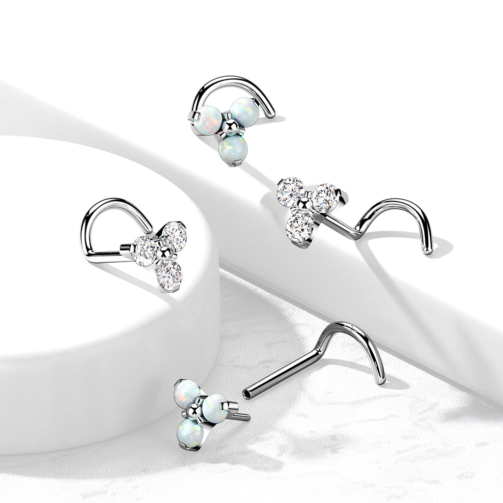 TITANIUM TRIPLE CRYSTAL CORKSCREW NOSE STUD - 20 GAUGE - 6MM