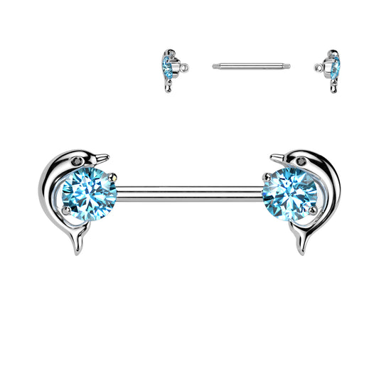 BLUE CRYSTAL DOLPHIN NIPPLE BARBELL - 14MM - 14 GAUGE