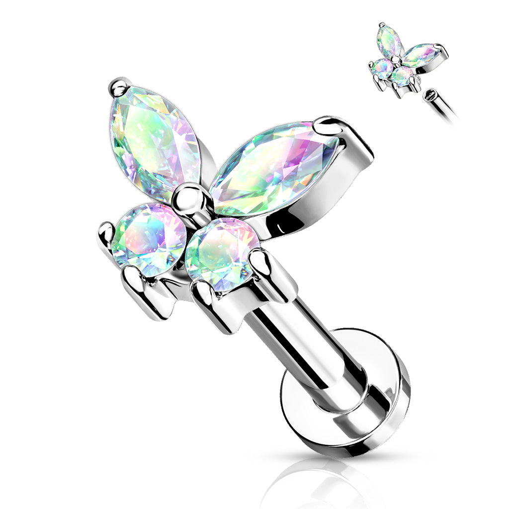 AURORA CRYSTAL DAINTY BUTTERFLY FLAT BACK LABRET STUD - 16 GAUGE - 6MM