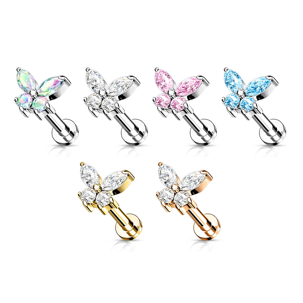 AURORA CRYSTAL DAINTY BUTTERFLY FLAT BACK LABRET STUD - 16 GAUGE - 6MM