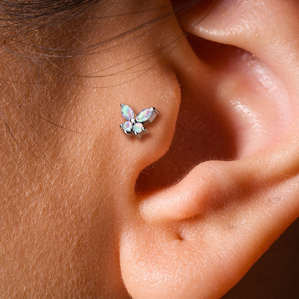 AURORA CRYSTAL DAINTY BUTTERFLY FLAT BACK LABRET STUD - 16 GAUGE - 6MM