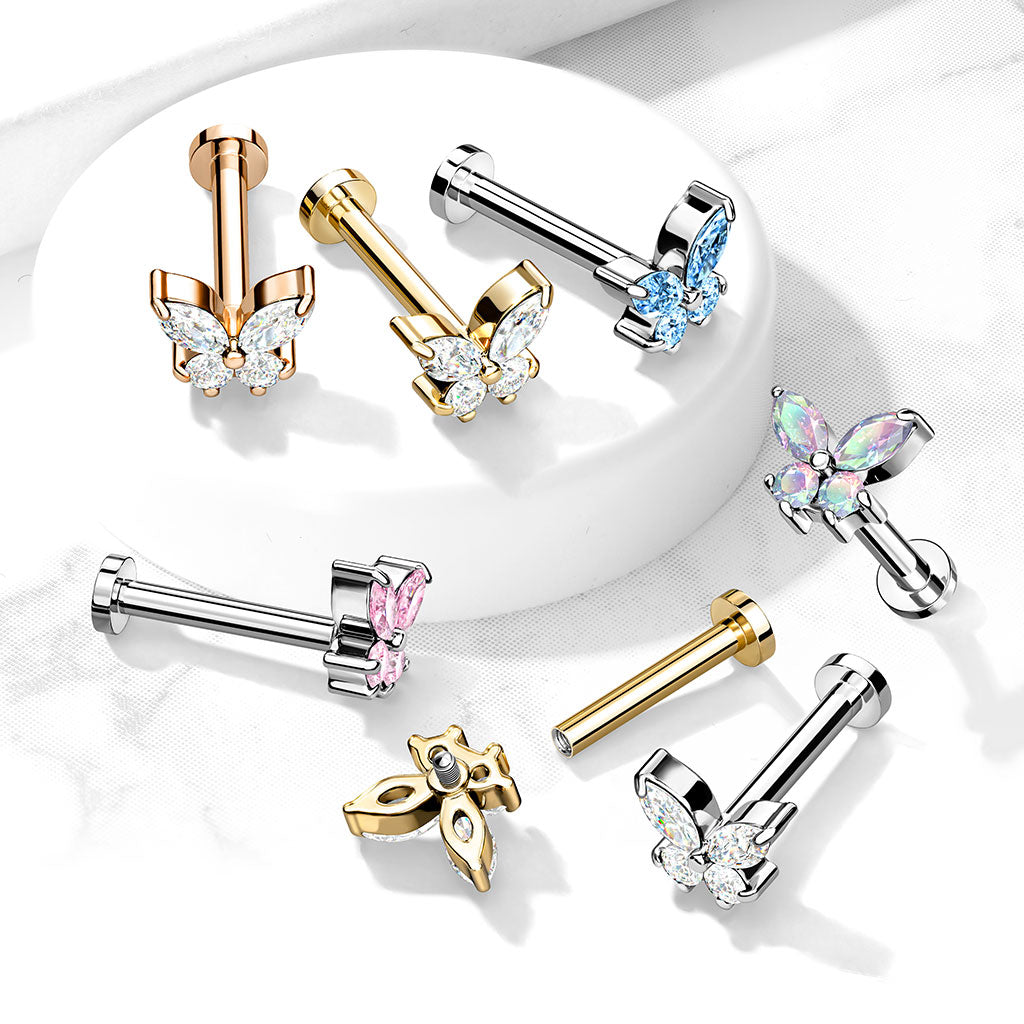 AURORA CRYSTAL DAINTY BUTTERFLY FLAT BACK LABRET STUD - 16 GAUGE - 6MM