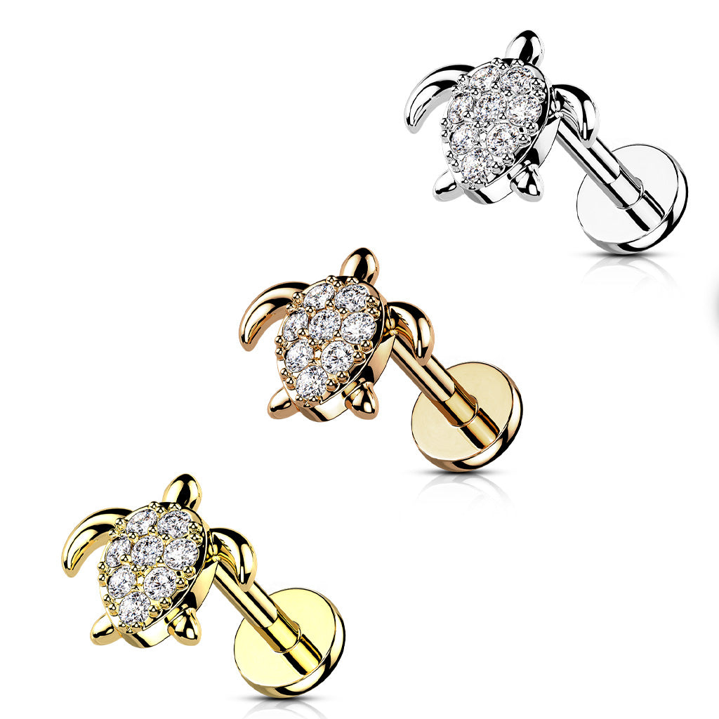 CRYSTAL TURTLE FLAT BACK LABRET - 16 GAUGE - 8MM