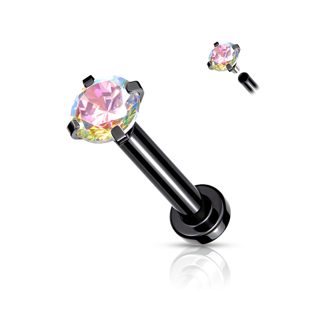 DAINTY BLACK AURORA CRYSTAL TOP FLAT BACK LABRET - 16 GAUGE - 8MM