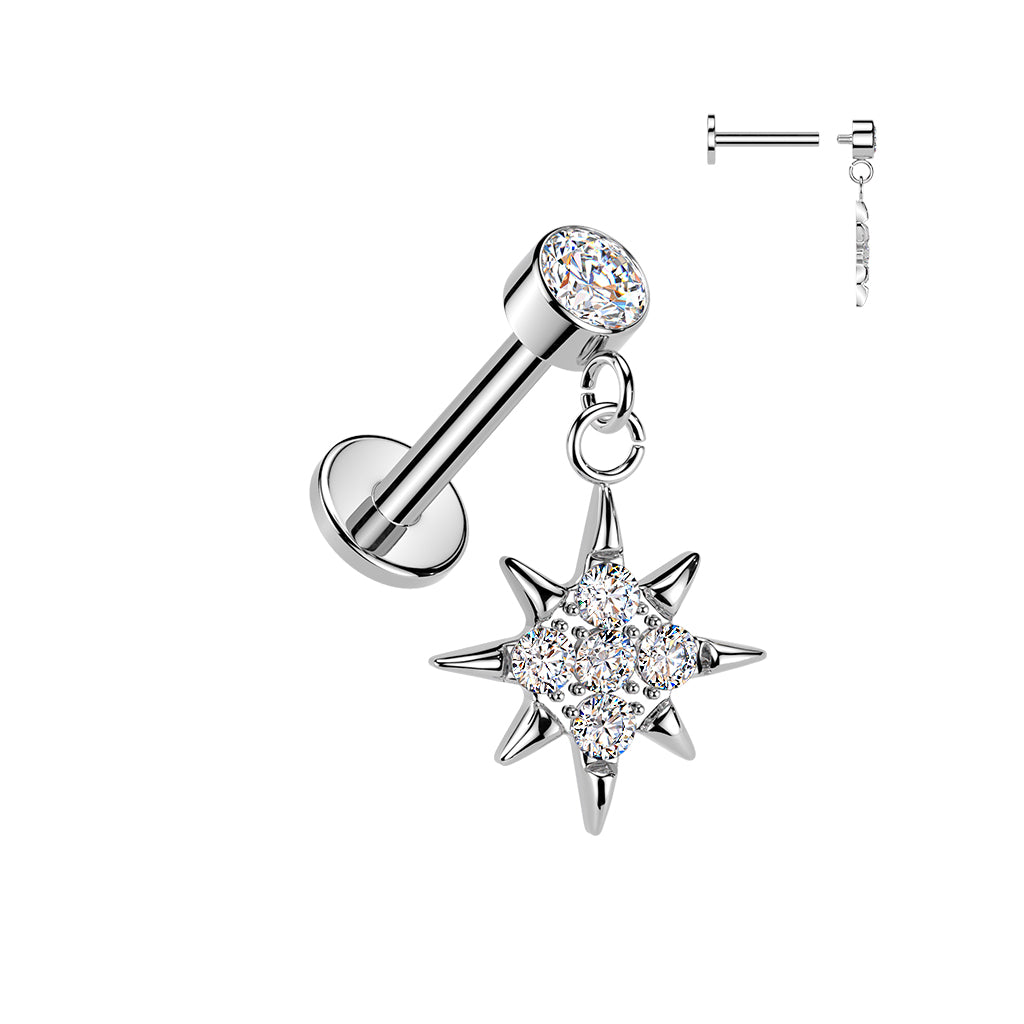 CRYSTAL NORTHERN STAR CHARM FLAT BACK LABRET STUD - 16 GAUGE / 1.2MM - 6MM