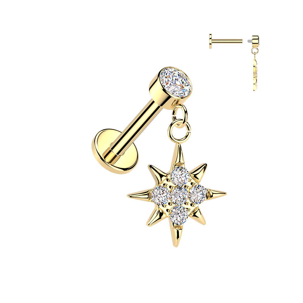 CRYSTAL NORTHERN STAR CHARM FLAT BACK LABRET STUD - 16 GAUGE / 1.2MM - 6MM