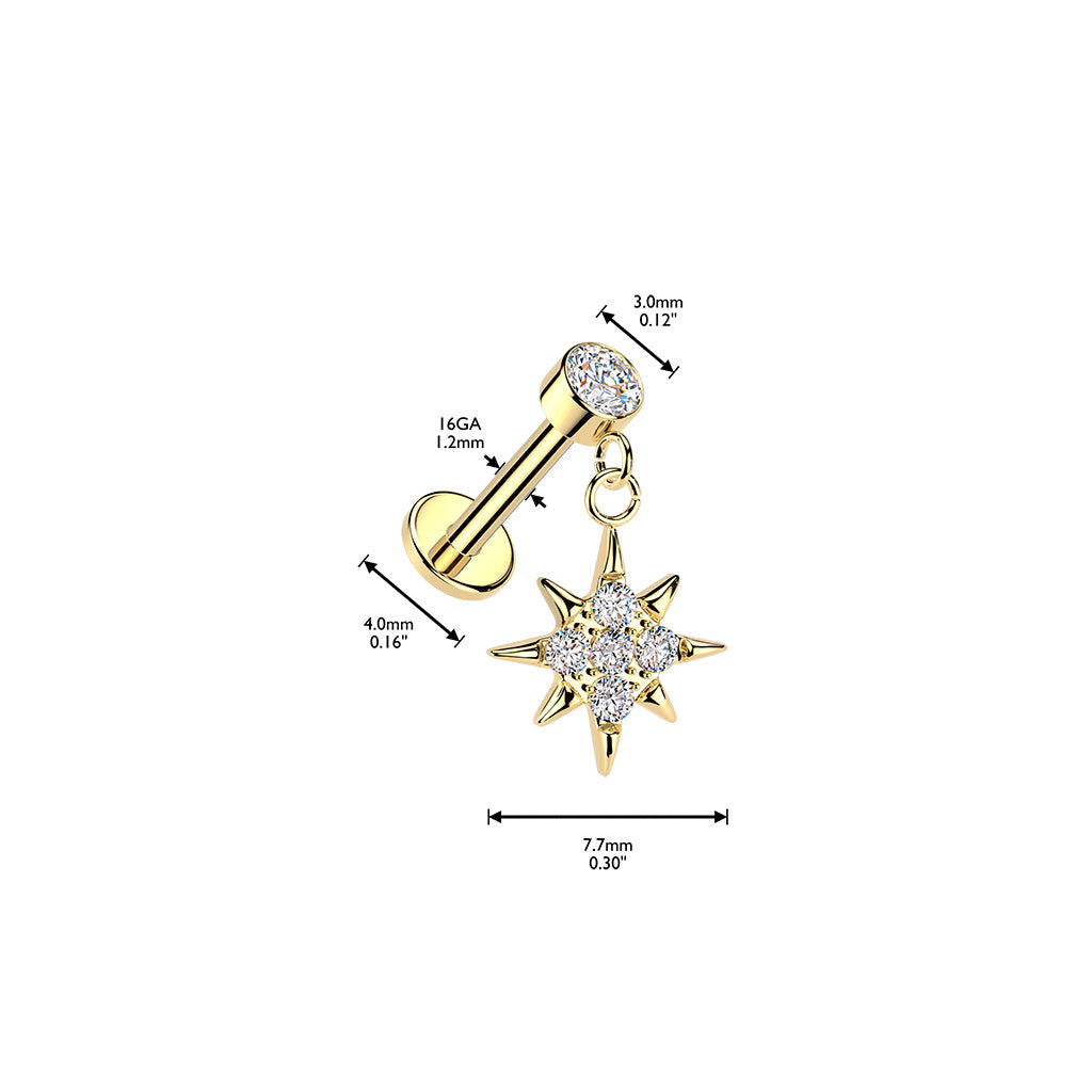 CRYSTAL NORTHERN STAR CHARM FLAT BACK LABRET STUD - 16 GAUGE / 1.2MM - 6MM