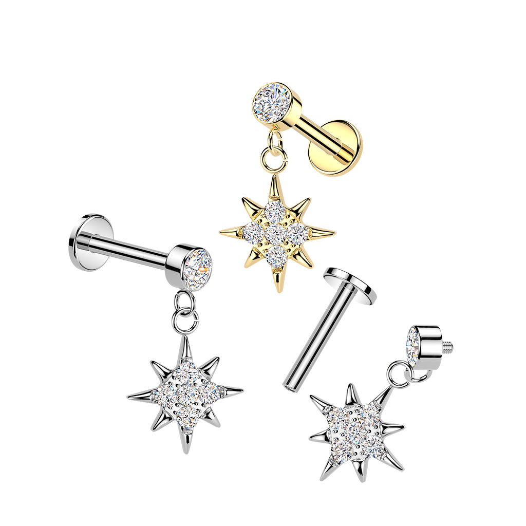 CRYSTAL NORTHERN STAR CHARM FLAT BACK LABRET STUD - 16 GAUGE / 1.2MM - 6MM