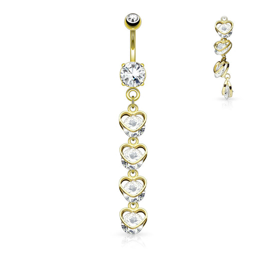 GOLD LOVE HEART ULTRA CRYSTAL CHARM BELLY BAR - 14 GAUGE - 10MM