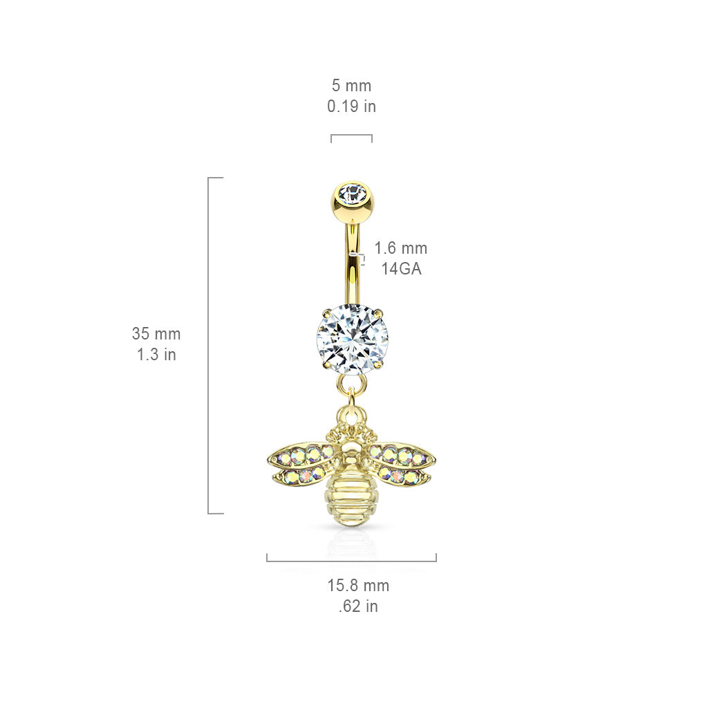 CRYSTAL BUMBLE BEE CHARM BELLY BAR - 14 GAUGE - 10MM