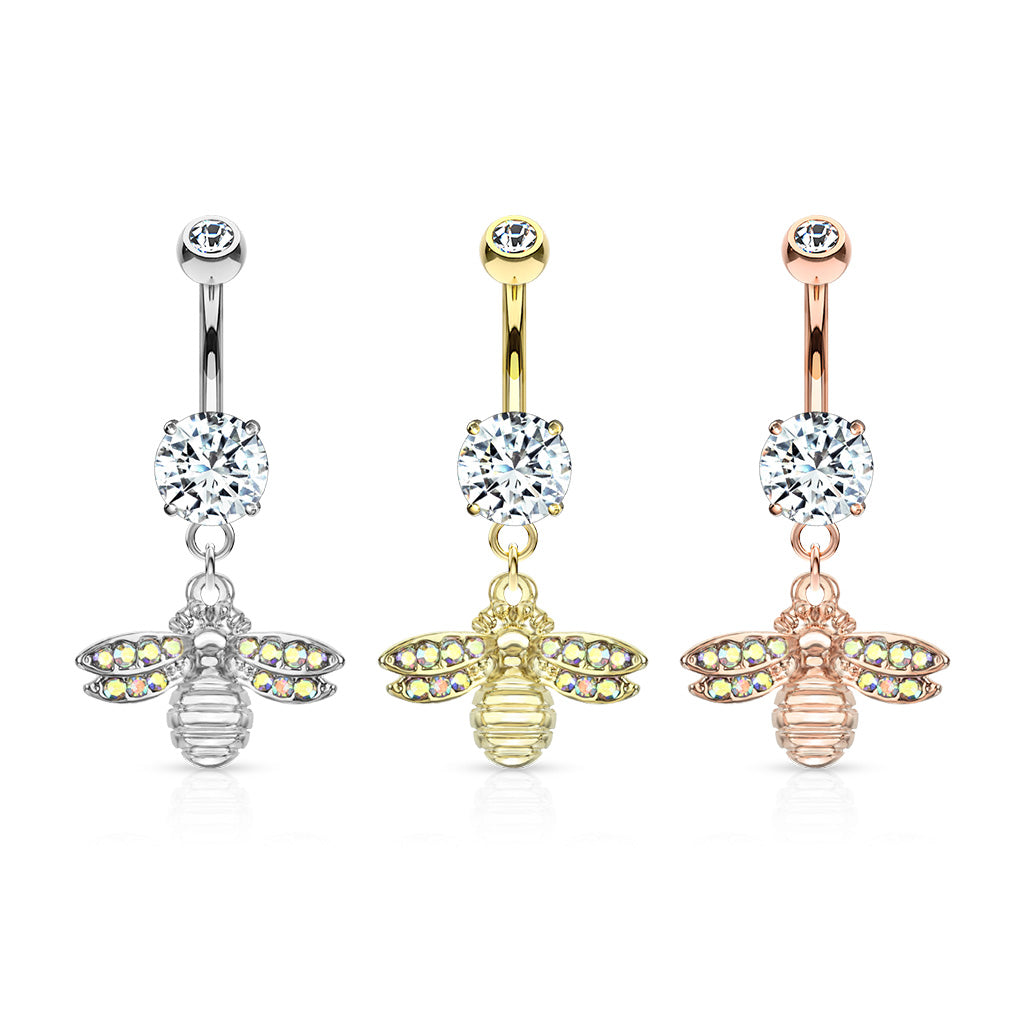 CRYSTAL BUMBLE BEE CHARM BELLY BAR - 14 GAUGE - 10MM