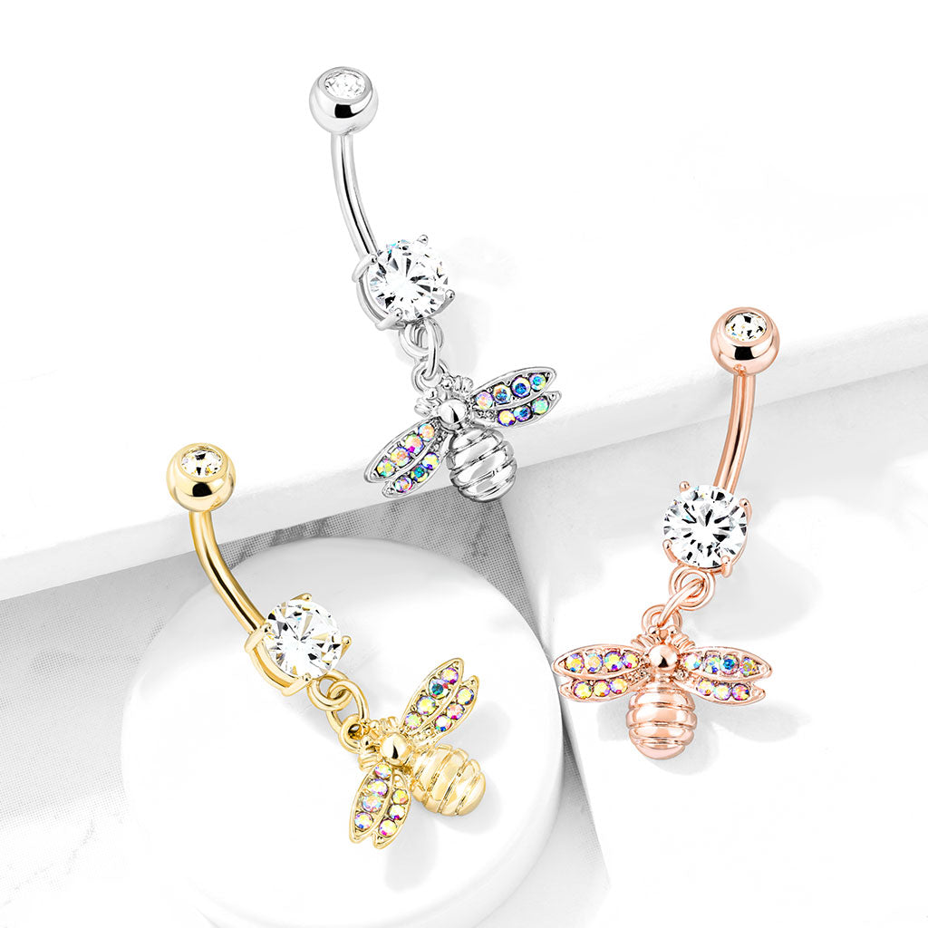 CRYSTAL BUMBLE BEE CHARM BELLY BAR - 14 GAUGE - 10MM