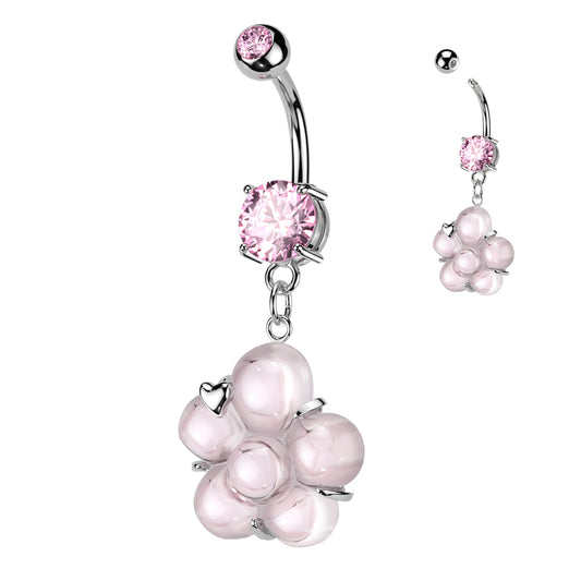BABY PINK DANGLY FLOWER CHARM BELLY BAR - 14 GAUGE - 10MM