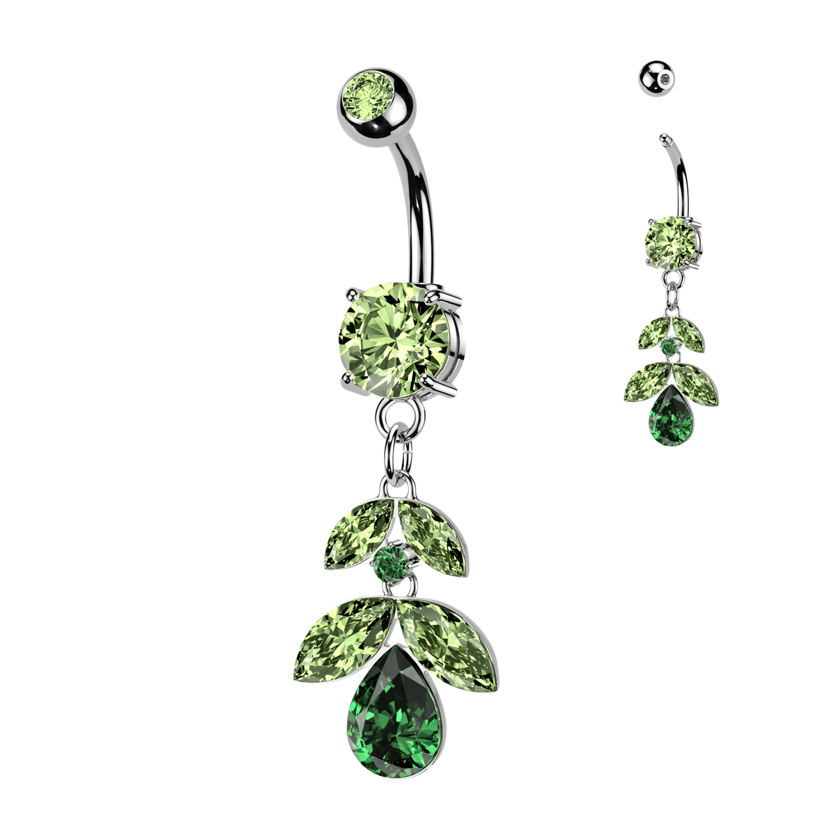 GREEN TRAILING CRYSTAL LEAVES DANGLY BELLY BAR - 14 GAUGE - 10MM