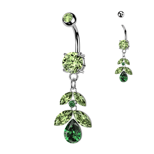 GREEN TRAILING CRYSTAL LEAVES DANGLY BELLY BAR - 14 GAUGE - 10MM