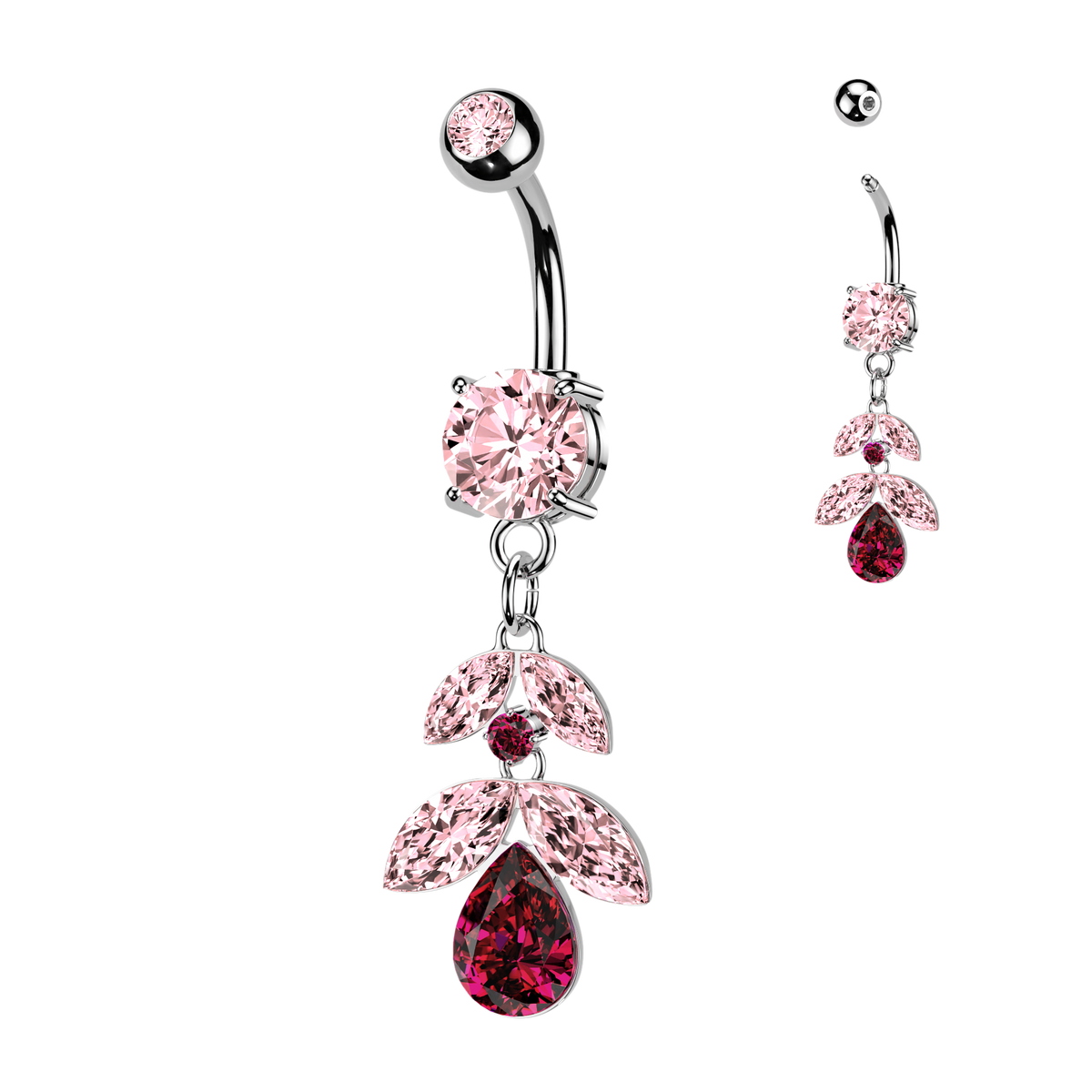 PINK TRAILING CRYSTAL LEAVES DANGLY BELLY BAR - 14 GAUGE - 10MM