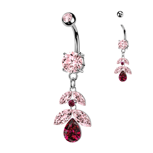PINK TRAILING CRYSTAL LEAVES DANGLY BELLY BAR - 14 GAUGE - 10MM