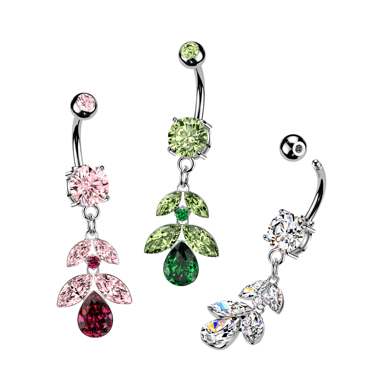 GREEN TRAILING CRYSTAL LEAVES DANGLY BELLY BAR - 14 GAUGE - 10MM