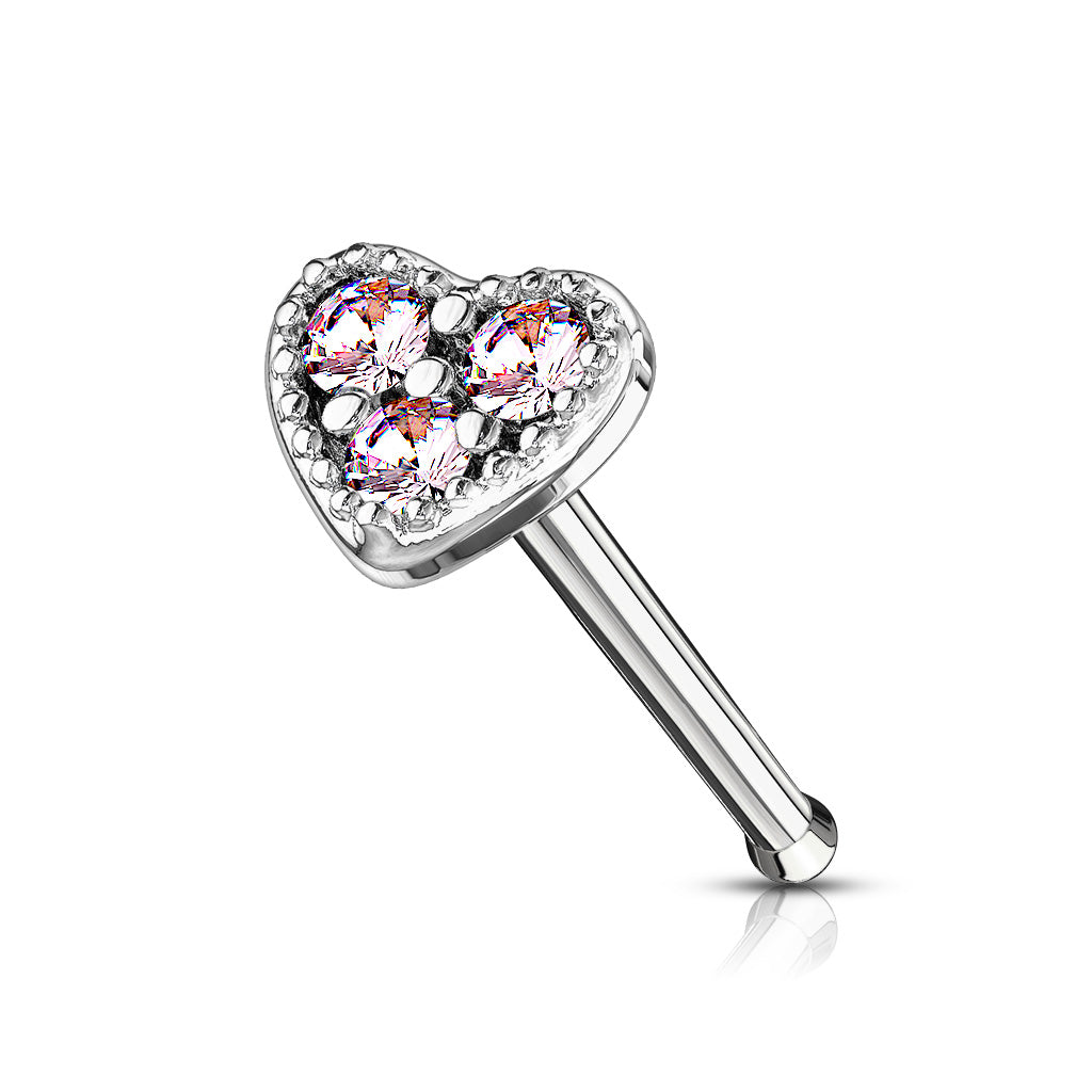 CUTE CRYSTAL FILLED LOVE HEART STRAIGHT PRONG NOSE STUD - 6MM
