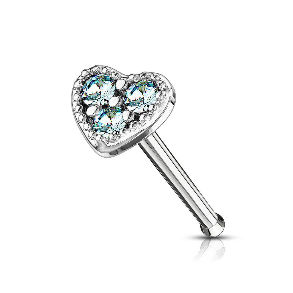 CUTE CRYSTAL FILLED LOVE HEART STRAIGHT PRONG NOSE STUD - 6MM
