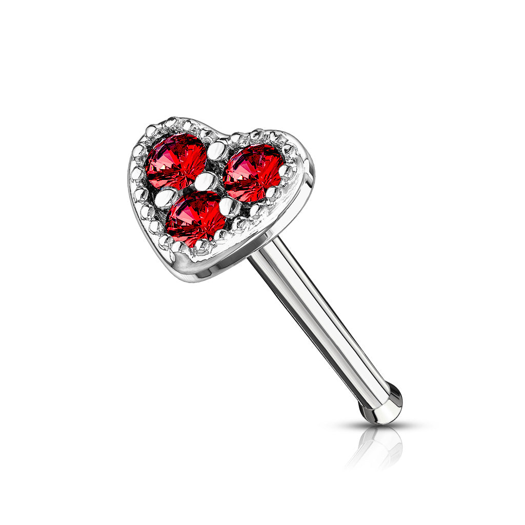 CUTE CRYSTAL FILLED LOVE HEART STRAIGHT PRONG NOSE STUD - 6MM