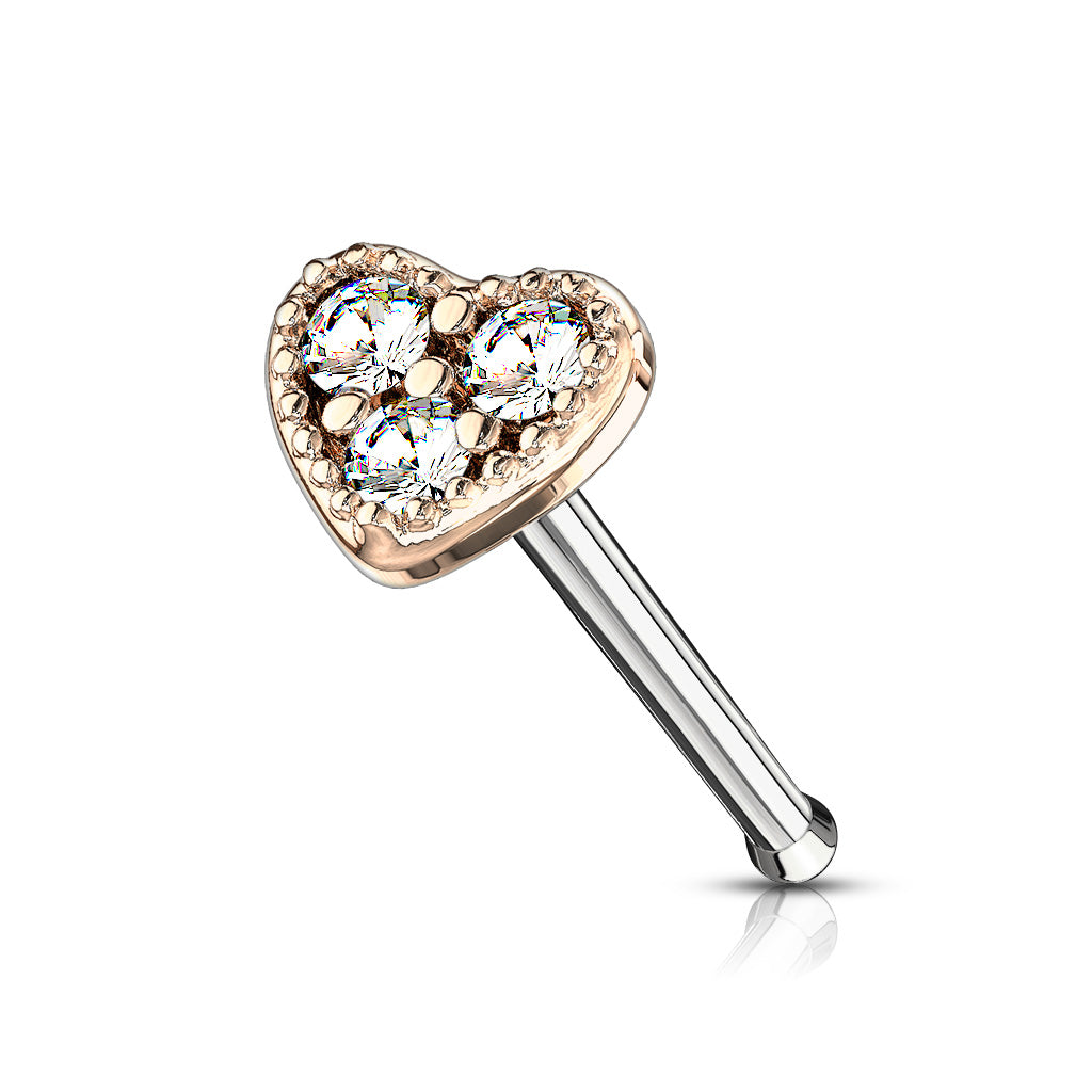 CUTE CRYSTAL FILLED LOVE HEART STRAIGHT PRONG NOSE STUD - 6MM