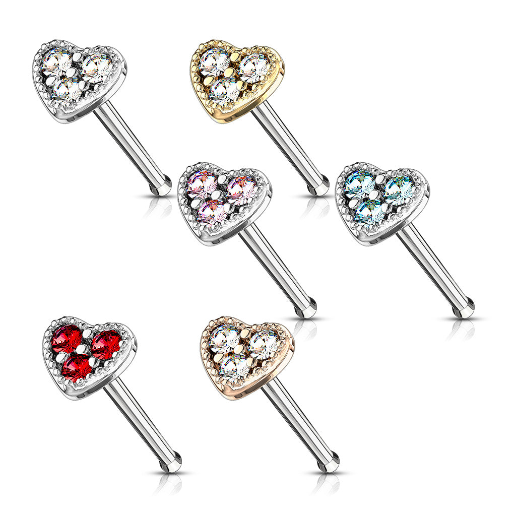 CUTE CRYSTAL FILLED LOVE HEART STRAIGHT PRONG NOSE STUD - 6MM