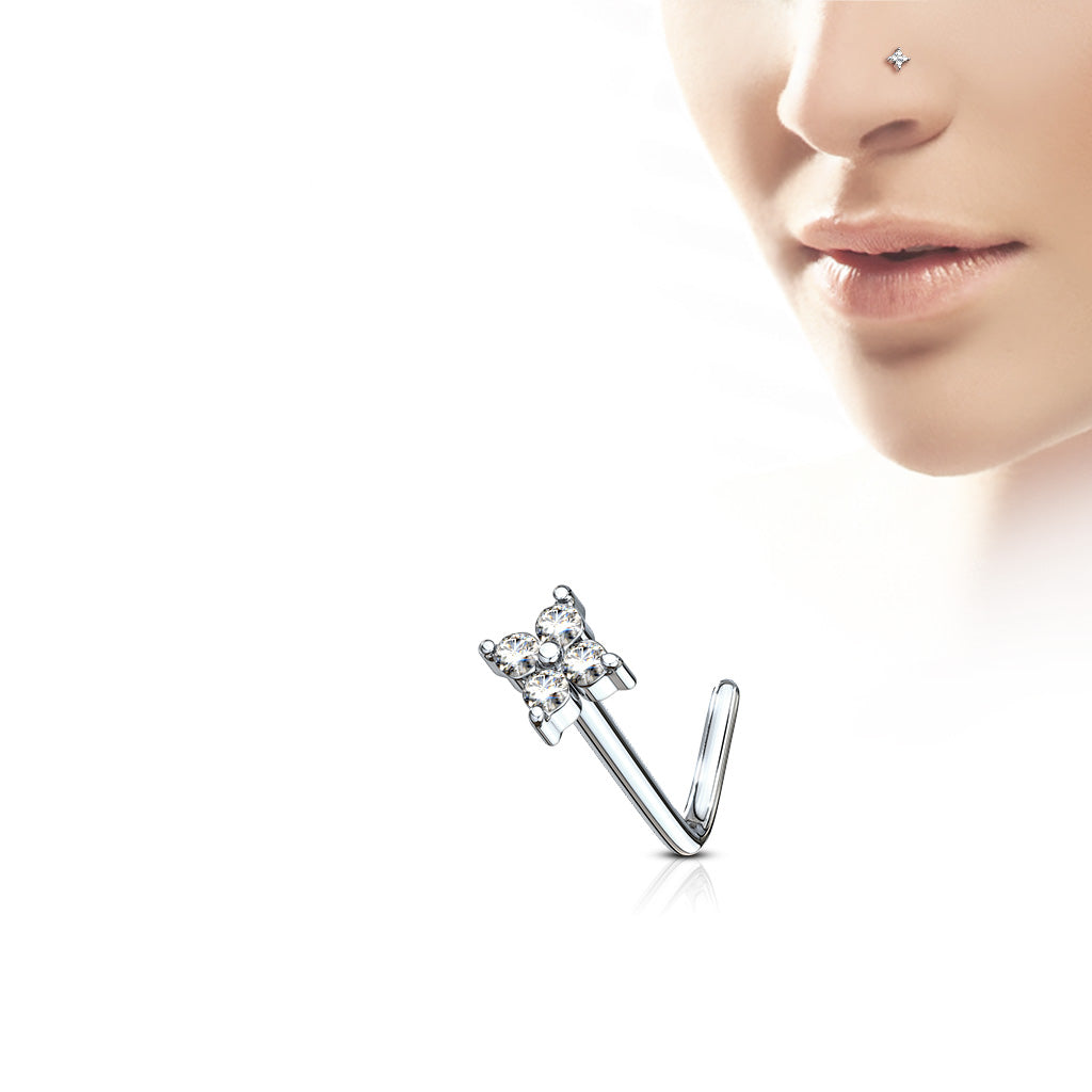 DAINTY CLOVER CRYSTAL L BEND NOSE STUD - 20 GAUGE - 6MM