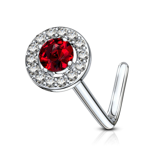 RED CIRCLE CRYSTAL L BEND NOSE STUD - 20 GAUGE - 6MM