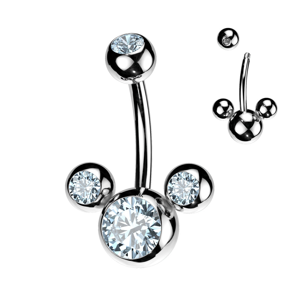 SILVER TRIPLE JEWELLED BLUE CRYSTAL BELLY BAR - 14 GAUGE - 10MM