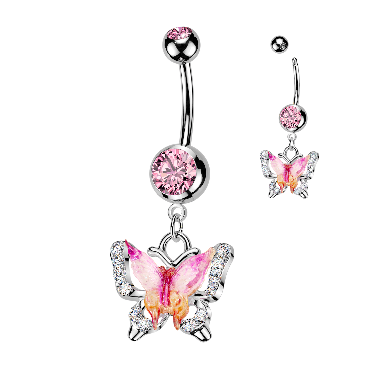 SILVER & PINK JEWELLED CRYSTAL BUTTERFLY BELLY BAR - 14 GAUGE- 10MM